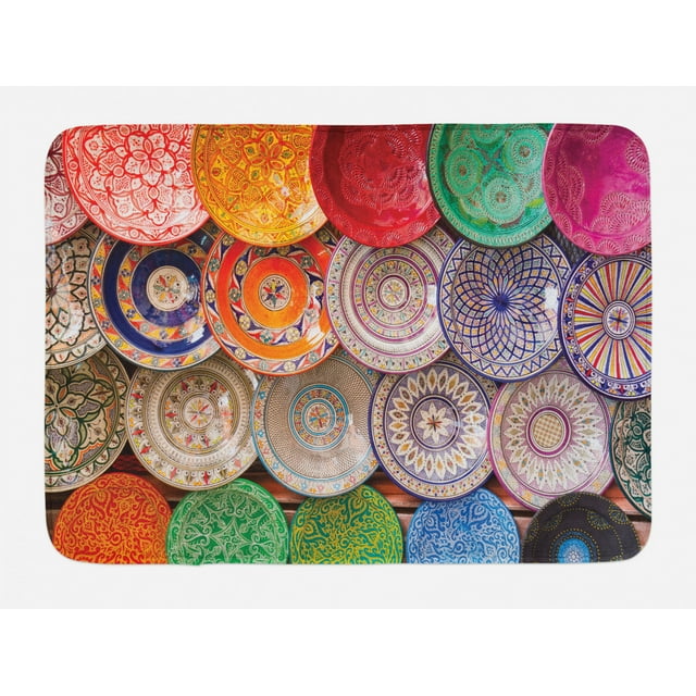 Moroccan Bath Mat, Traditional Arabic Handcrafted Colorful Plates Shot