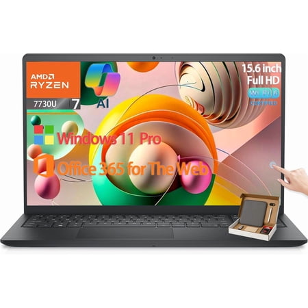 Dell Inspiron 15 Laptop, 15.6" FHD Touchscreen, AMD Ryzen 7 7730U, 16GB RAM 512GB SSD, Copilot AI, Windows 11 Pro, Office 365 for the Web