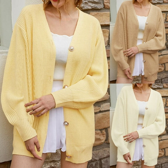 idosla Women's Cardigan Sweaters 2025 Fall Open Front Oversized Button V Neck Loose Soft Knit Outwear (Yellow, S)
