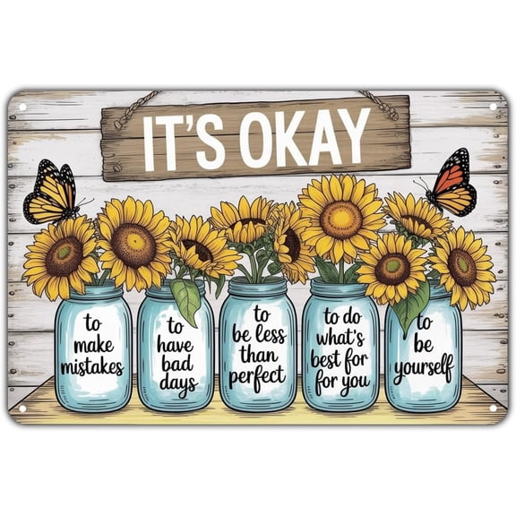 Sunflower Butterfly Inspirational Quote Vintage Floral Mason Jar Metal Tin Sign for Garden Yard Porch Garage Home Bedroom Kitchen Decor, Easy to Hang, 8 x 12 Inch