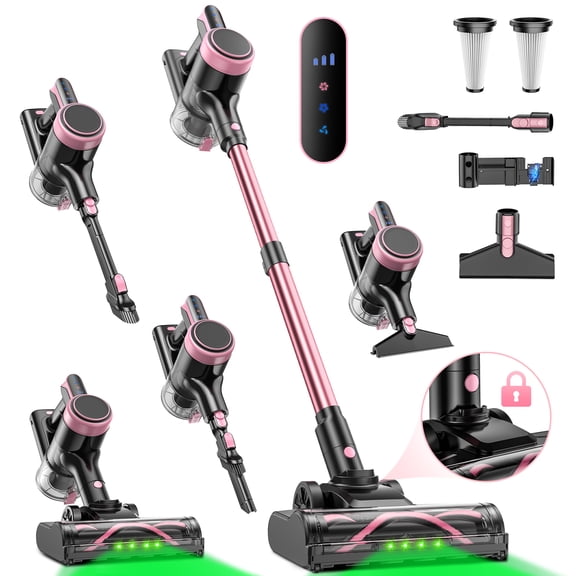 H35 Stick Vacuum Cleaner, 450W Brushless Motor, Self-Standing, Wall Charging, 45 Min Runtime, Lightweight for Hard Floors & Carpets, Pink