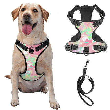 TEQUAN Large Dog Harness with Leash Gorgeous Camouflage Pink Prints Reflective No Pull Adjustable Pet Vest (L)