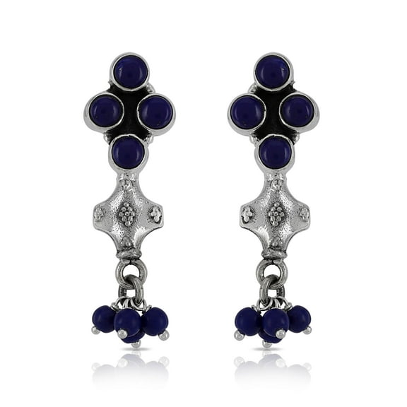 Handmade Lapis Lazuli Dangle Earrings in 925 Sterling Silver – 4 mm Round Gemstones, 1.5 Inch Drop Earrings for Women, Elegant Blue Stone Jewelry