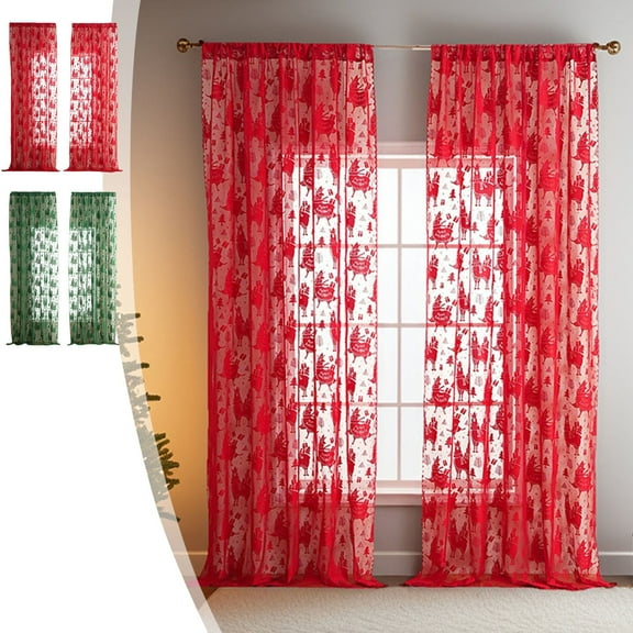 Xuniizn Christmas Curtains Window Set of 2 Red Lace Sheer Curtains for Xmas Decor Privacy Half Short Curtain Panels for Living Room Bathroom Windows 39x55"