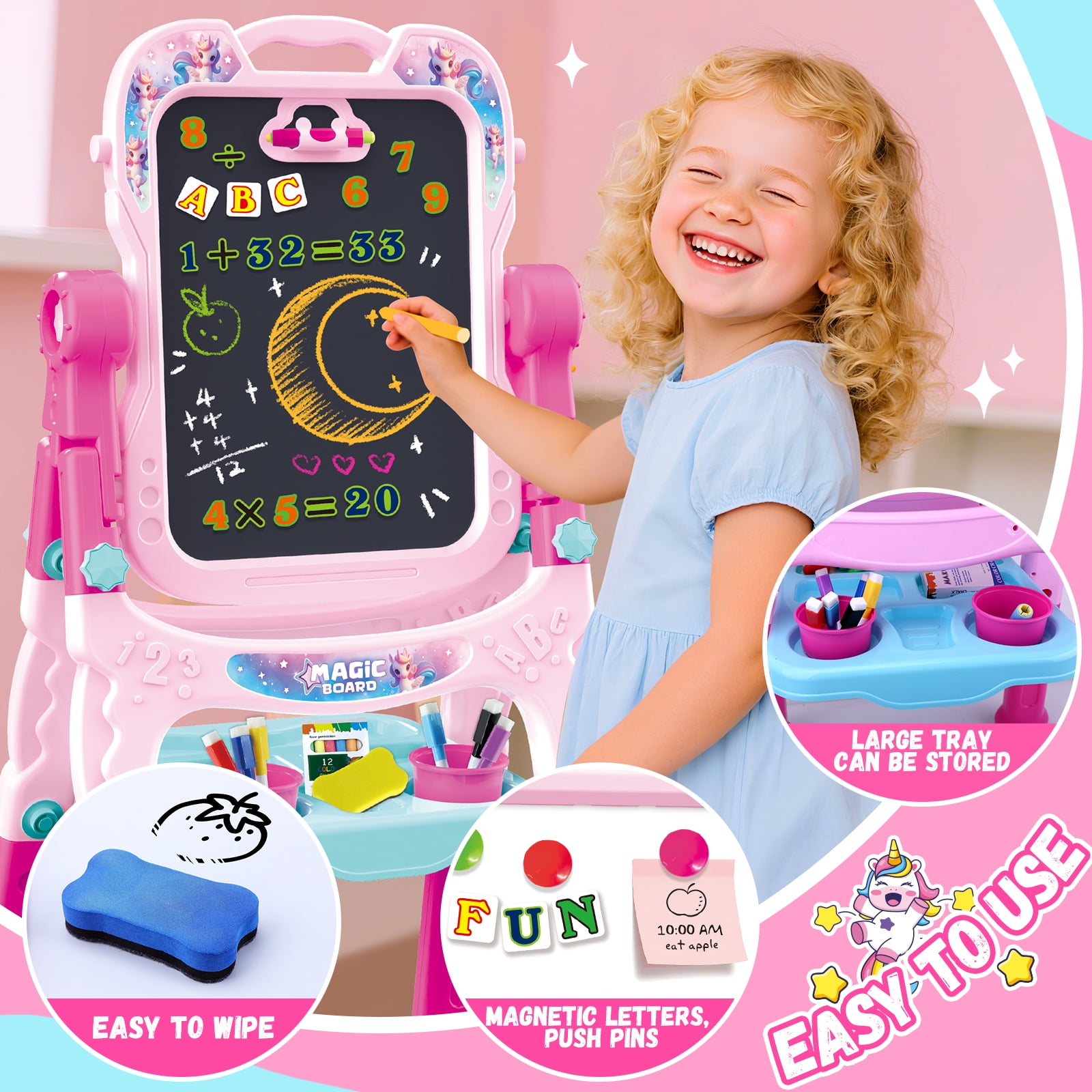 Art Easel for Kids - Adjustable Double-Sided Rotatable Magnetic White Board with Painting Accessories, Preschool Learning Toy for Girls 3-5 Years Old,Ideal Christmas Birthday Gift （Pink）