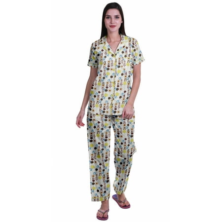 

Moomaya Printed Short Sleeve Pajama Set For Women Printed Button Up Sleep Shirt