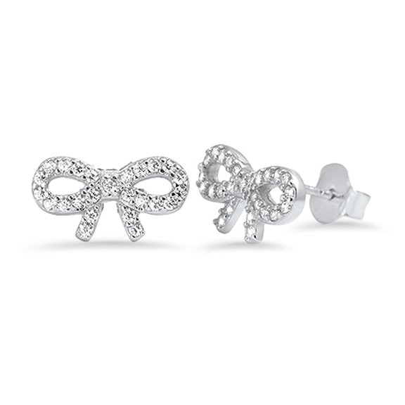 Bow Tiny Studded Ribbon Clear Cubic Zirconia .925 Sterling Silver Feminine Earrings Jewelry Female