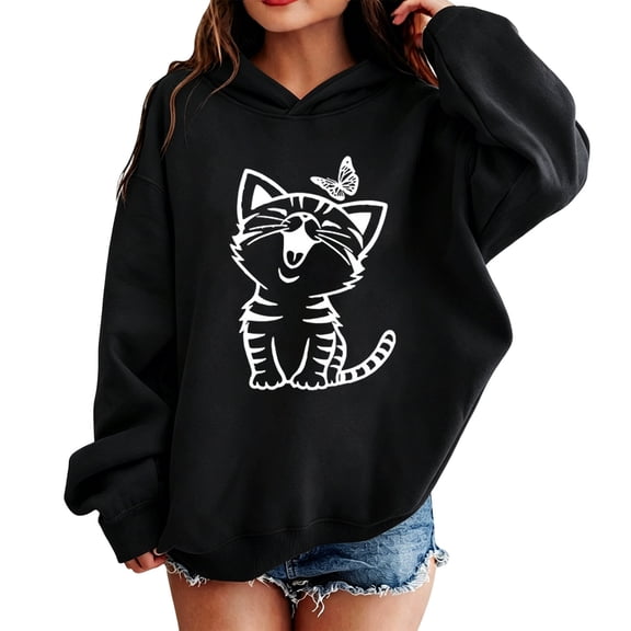 SJLDQY Girls Hoodies Casual Hooded Sweatshirt Long Sleeve Cat Graphic Pullover Tops Size 4-5 Years