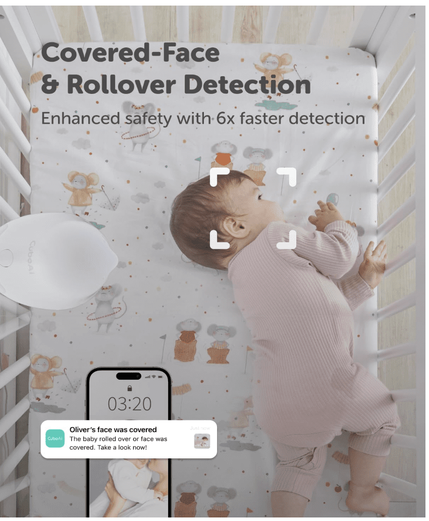 CüboAi CuboAi New Model Smart Baby Monitor 3: Sleep Safety Alerts for Covered Face Rollover, 2.5K QHD Night Vision WiFi Camera, 2-Way Audio, Humidity Sensor, Lullabies. App Control (Wall Mount Set)