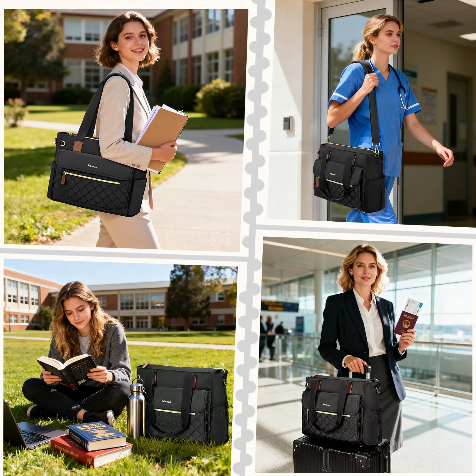 RAINSMORE Teacher Tote Bag 15.6 inch Laptop Bag for Women with Small Bag Professional Work Tote Bags Nurse Bag Computer Briefcase,Black
