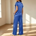 thumbnail image 4 of Silk Pajamas for Women 2 Piece Satin Pjs Cap Short Sleeve Sleepwear V Neck Shirt Long Pant Lounge Sets Blue L(L), 4 of 6
