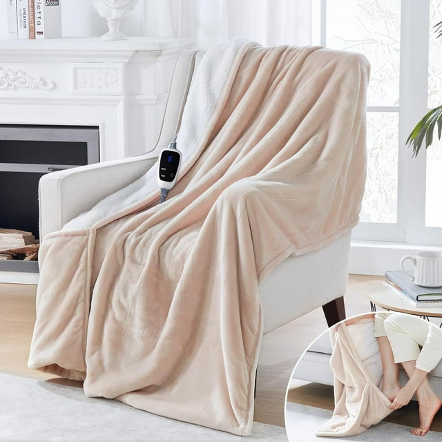 Electric Blanket with Foot Pocket for Adults, Flannel & Sherpa Heated Blanket Throw with 6 Heating Levels & 2-10 Hours Auto Shut Off, Fast Heating & Machine Washable, 50x62 Inch, Beige