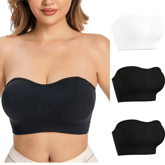 Tsesme Strapless Bras for Women Wireless Push up Non-slip Bandeau Bra Seamless Clear Straps Bralette 3 Pack