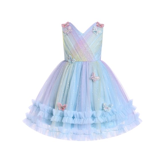 IBTOM CASTLE Toddler Flower Girl Dress Sequin Butterfly Princess Birthday Pageant Wedding Party Dresses V-Back Tulle Formal Gown 18-24 Months Rainbow Blue