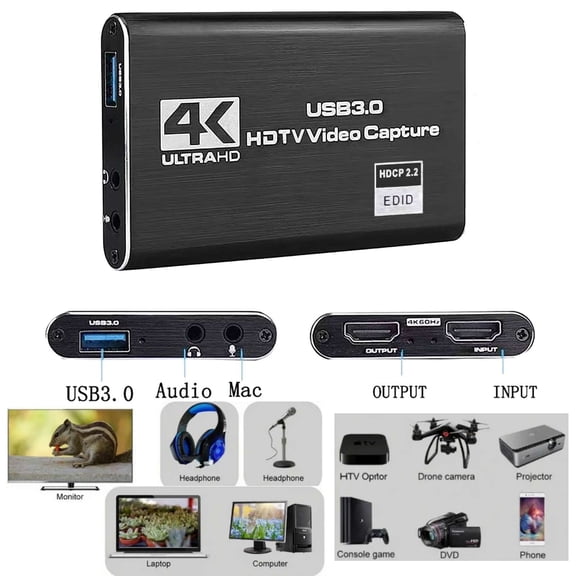 Puseky 4k Hdtv-Compatible Video Capture Card with USB, Full HD 1080P for Game Recording, Black Game Capture Device