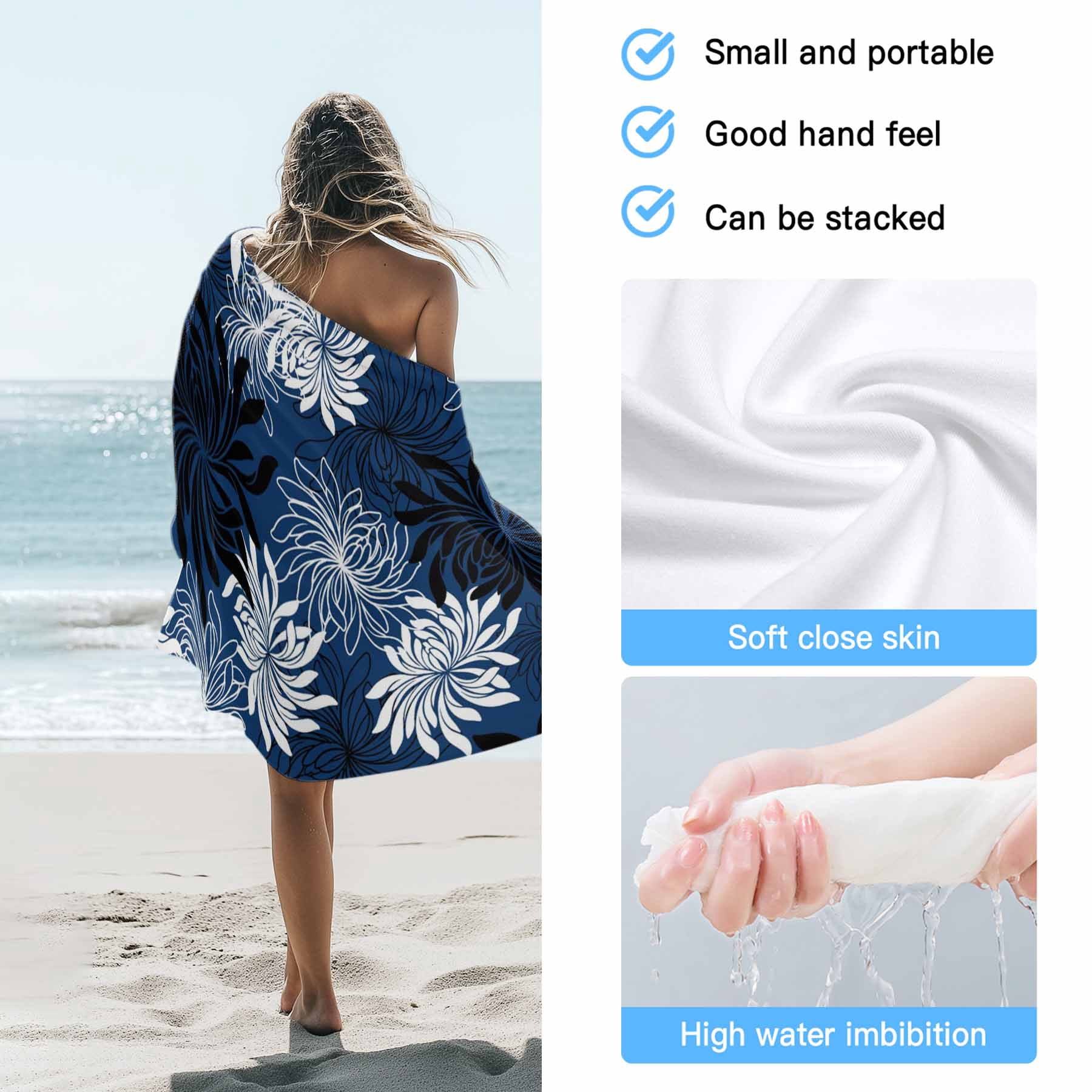 Beach Towel Chrysanthemum Bath Pool Towels Vintage Navy Blue Black Floral Absorbent Beach Towel Soft Large Quick Dry Lightweight Camping Travel Sports Yoga Gym Swim Towels for Adult 35x70 Inch