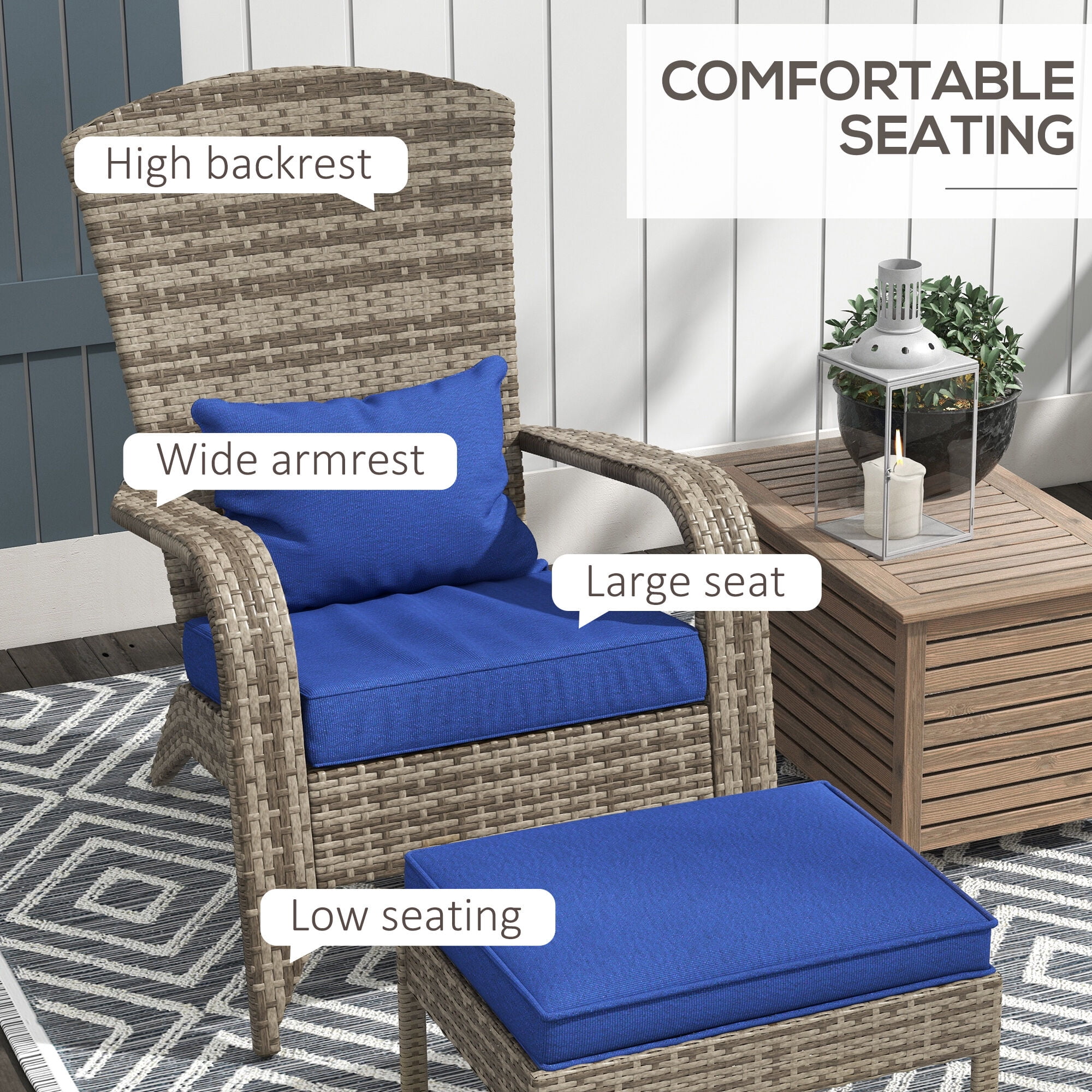 Patio Furniture Outsunny Patio Wicker Adirondack Chair with Ottoman, Outdoor Fire Pit Chair with Cushions, High-Back, Large Seat & Armrests for Deck, Garden & Backyard, Dark Blue,Patio Chairs