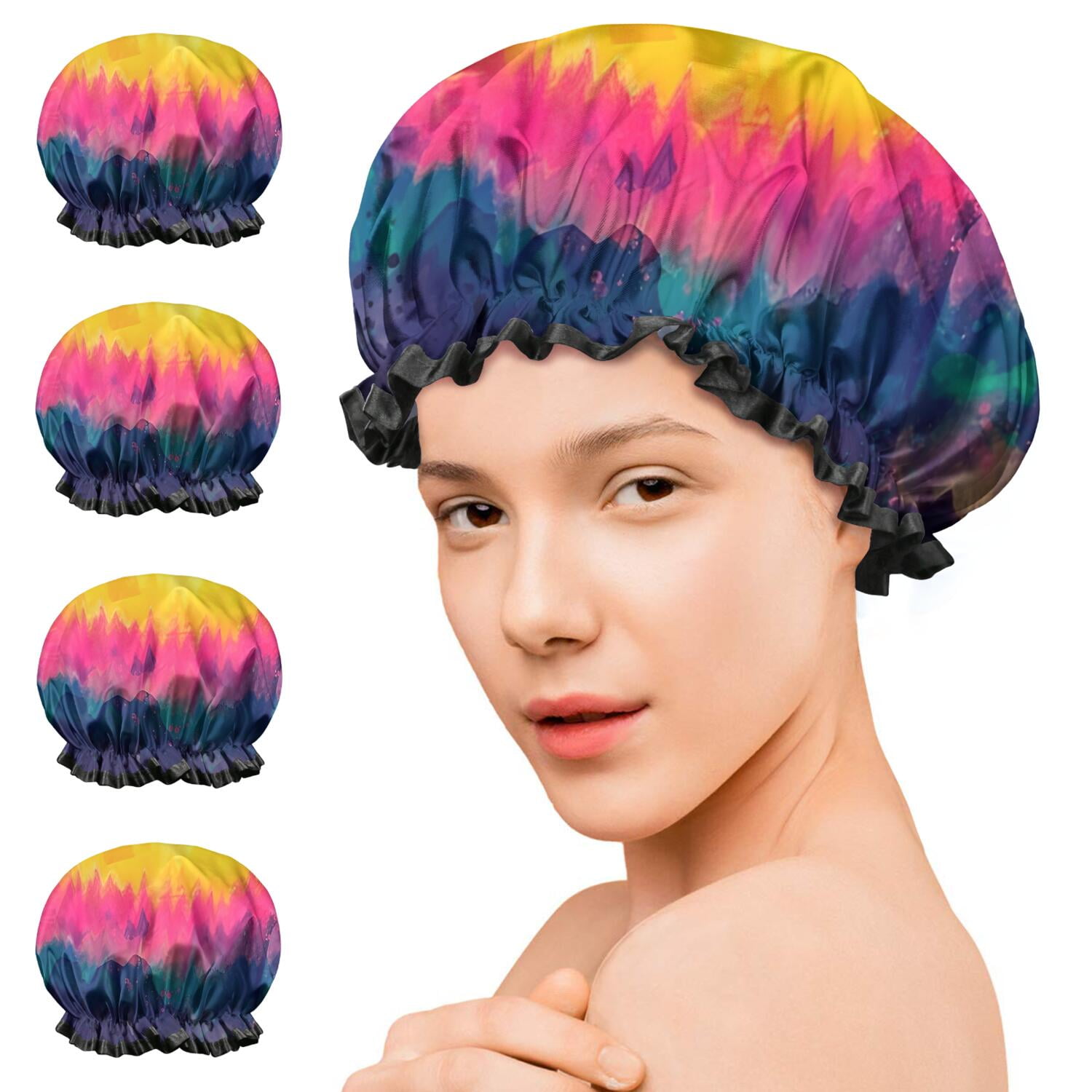 Shower Caps,Colorful Tie Dye Pattern Waterproof Shower Cap for Women 4 Pieces,Double Reusable Hair Cover for Shower PEVA Elastic Stretch Hem
