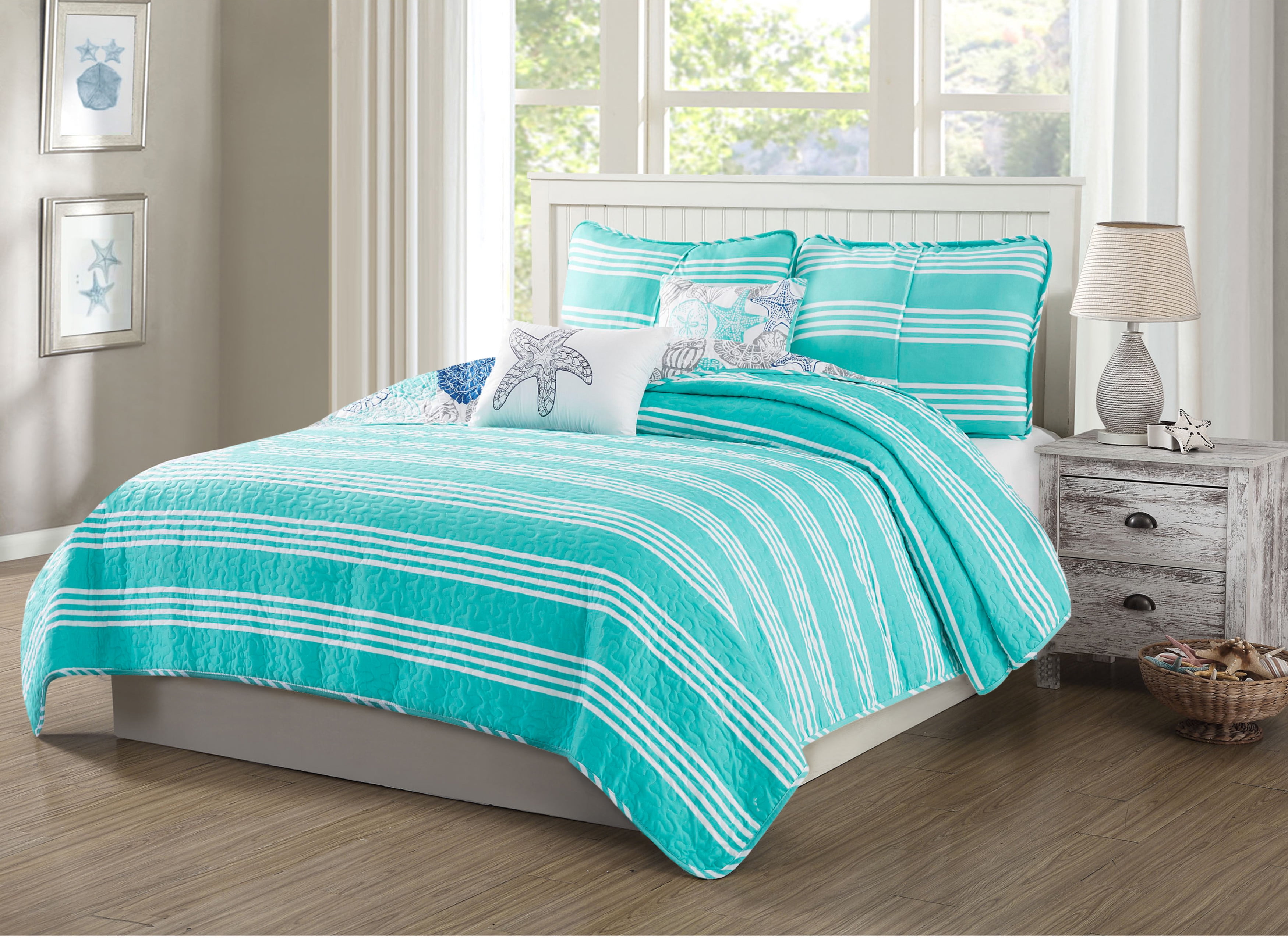 Bedding 4-piece Reversible Quilt Set, Gray/Blue/Aqua, Twin, Seashell & Starfish by Quaint Home