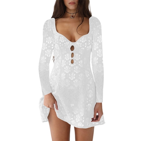 KOMOO Women Hollow Out Dress Short Sleeve Bodycon Mesh Patchwork See Through Mini Dress Beach Sundress