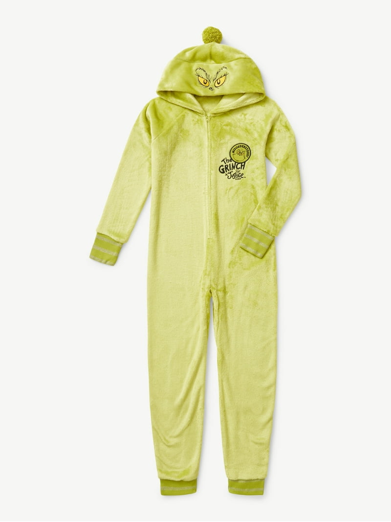 Justice Girls Grinch Hooded Full Zip Onesie Pajama, Sizes 5-18 and