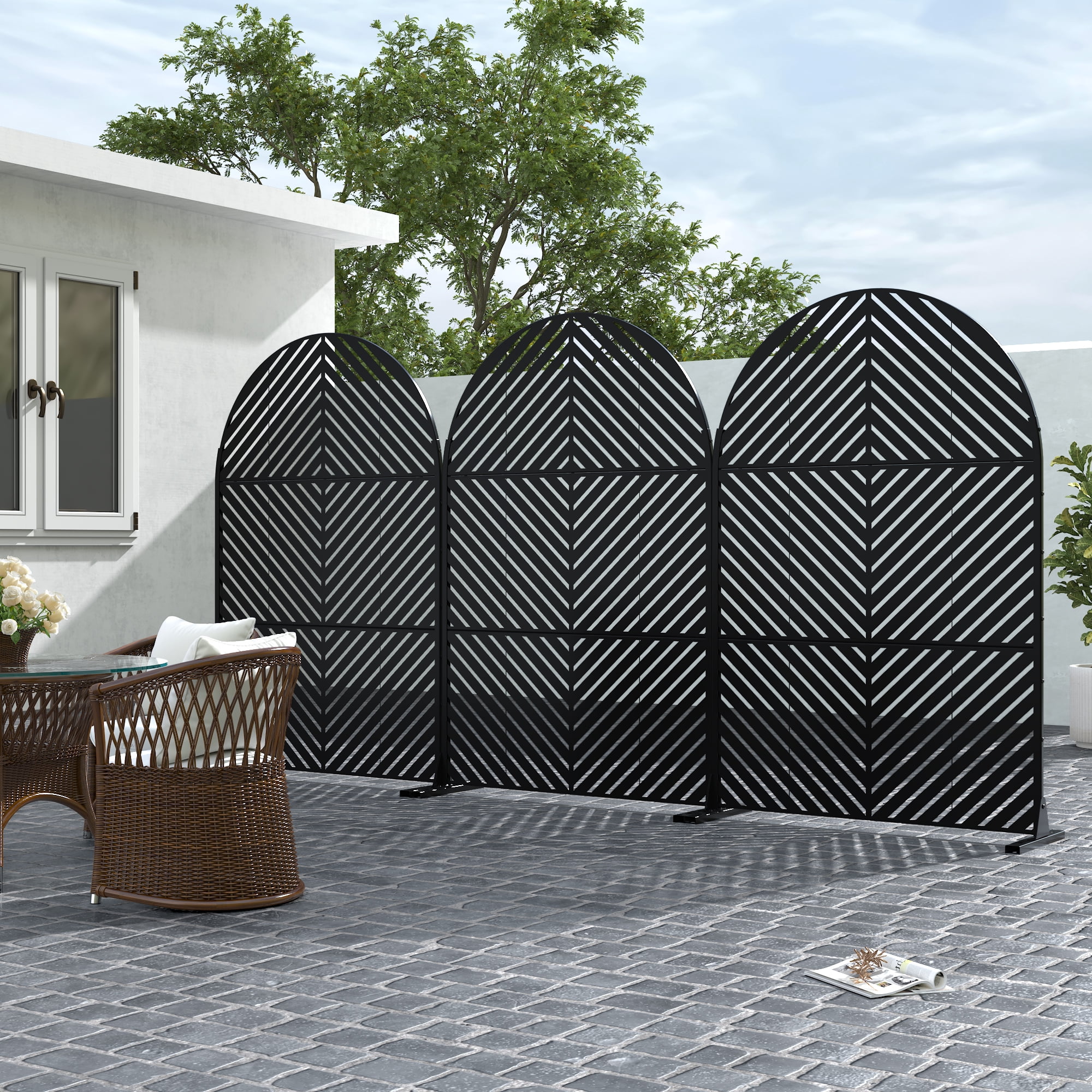 MAYEERTY 72*47" Outdoor Black Arched Metal Privacy Panel Screen for Patio, Parallel Line Pattern