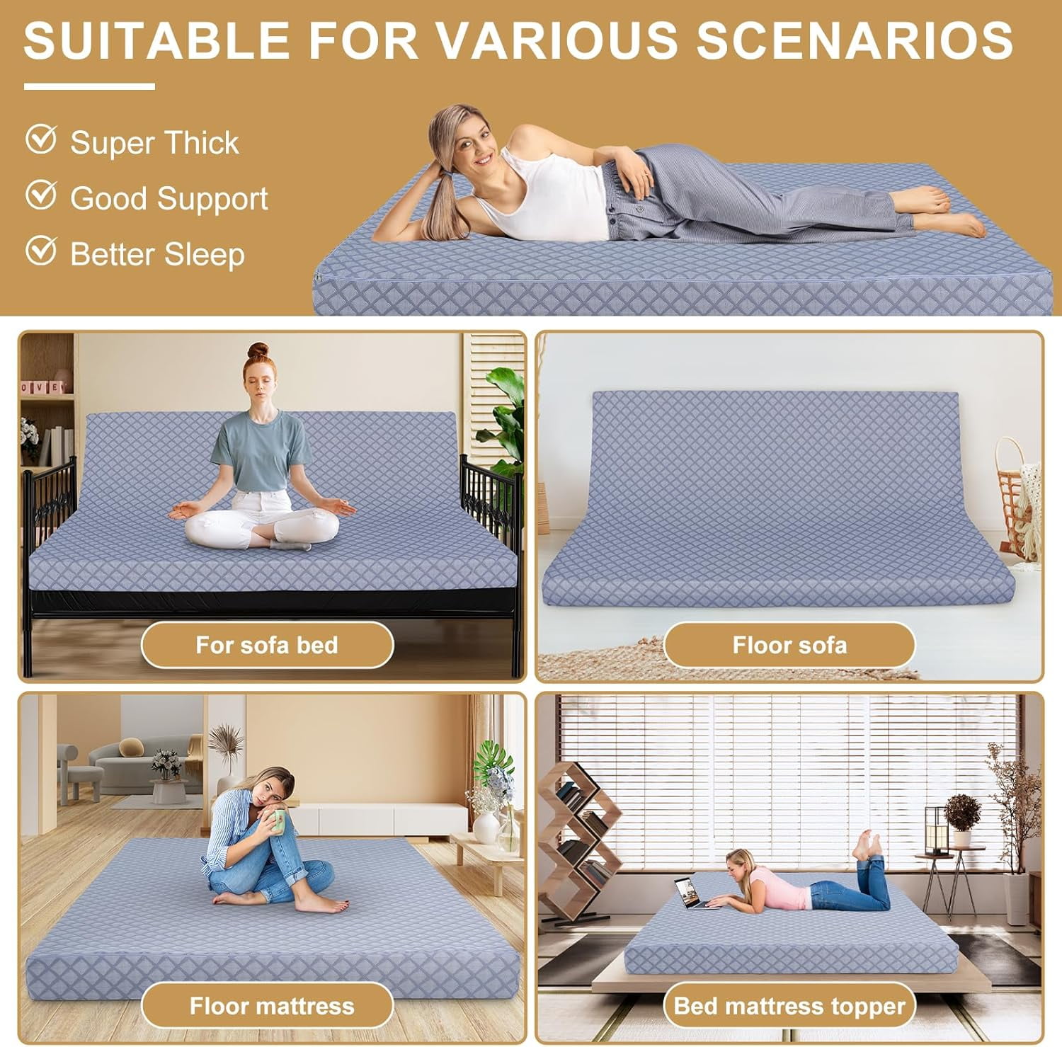 ABORON Memory Foam Sofa Bed Mattress Futon Mattress Full Size, Replacement Futon Couch Bed Mattress 5" Thick, Removable Cover, Frame Not Included