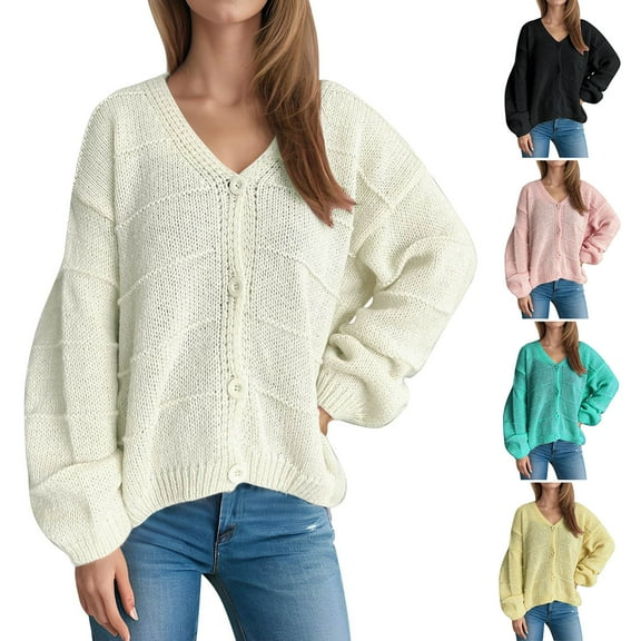 Ultrave Cardigan for Women V Neck Open Front Button Down Long Sleeve Cable Knit Sweaters Tops