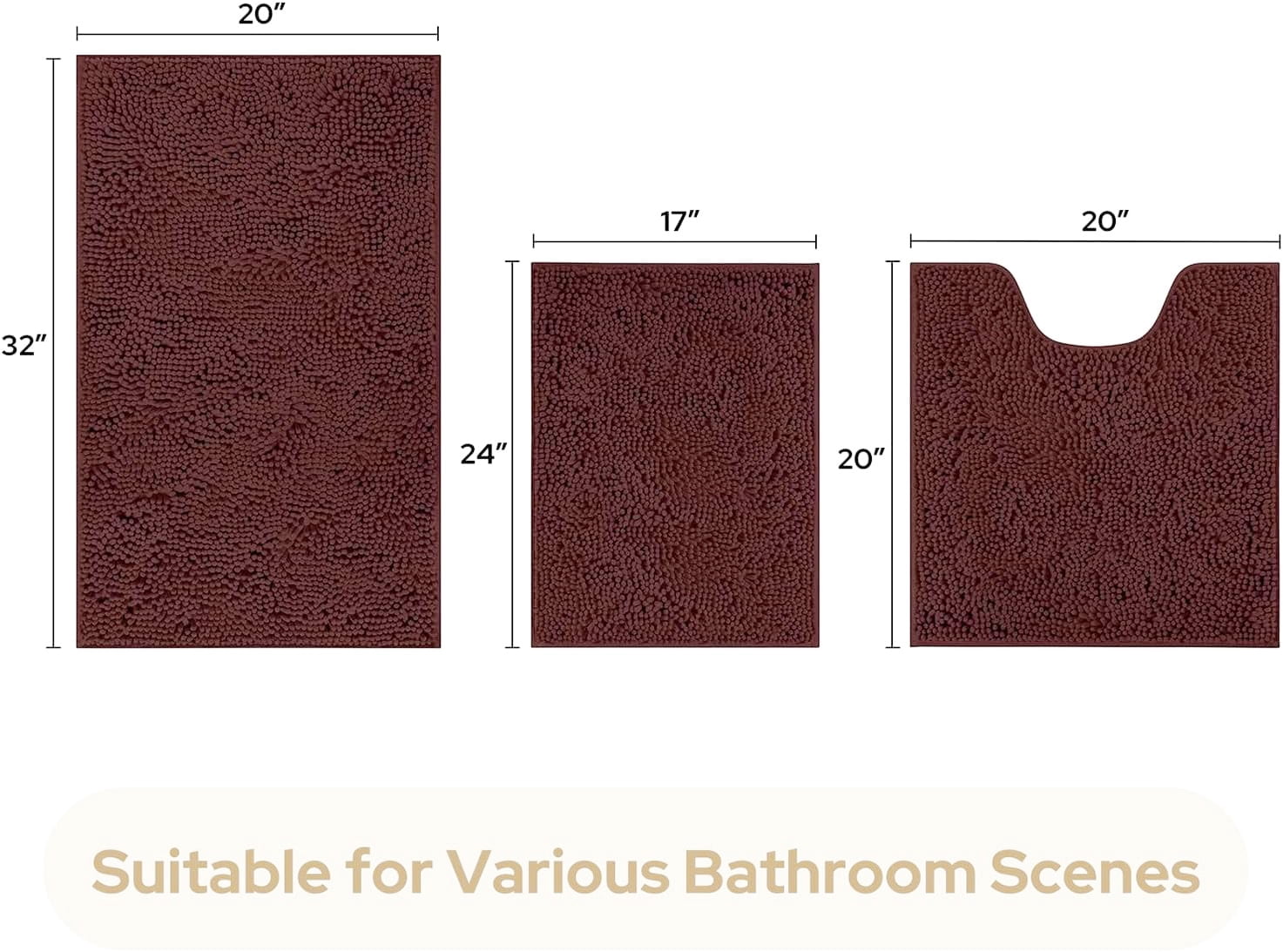 Bathroom Rugs Sets 3 Piece Chenille Bath Rug Non-Slip Bath Mats with Soft Plush PVC Backing Water Absorbent Carpet 1'' Quick Dry Microfiber Toilet Mat, Coffee