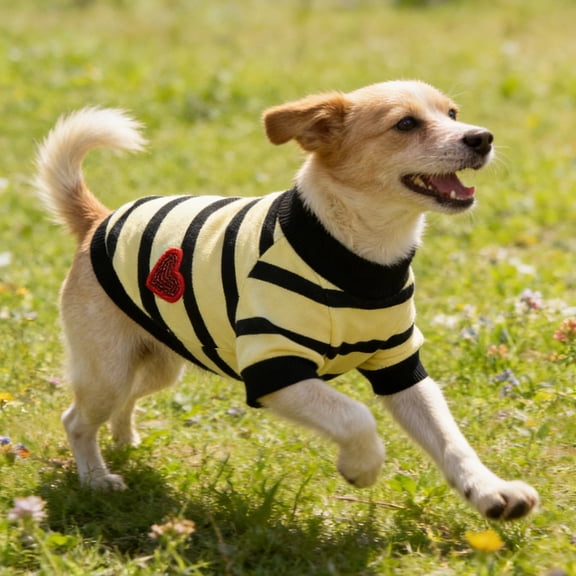 Forestwhale Striped Heart Pet T-Shirt Lightweight Breathable Tee for Small Dogs and Cats Spring Summer Apparel Beige - XS