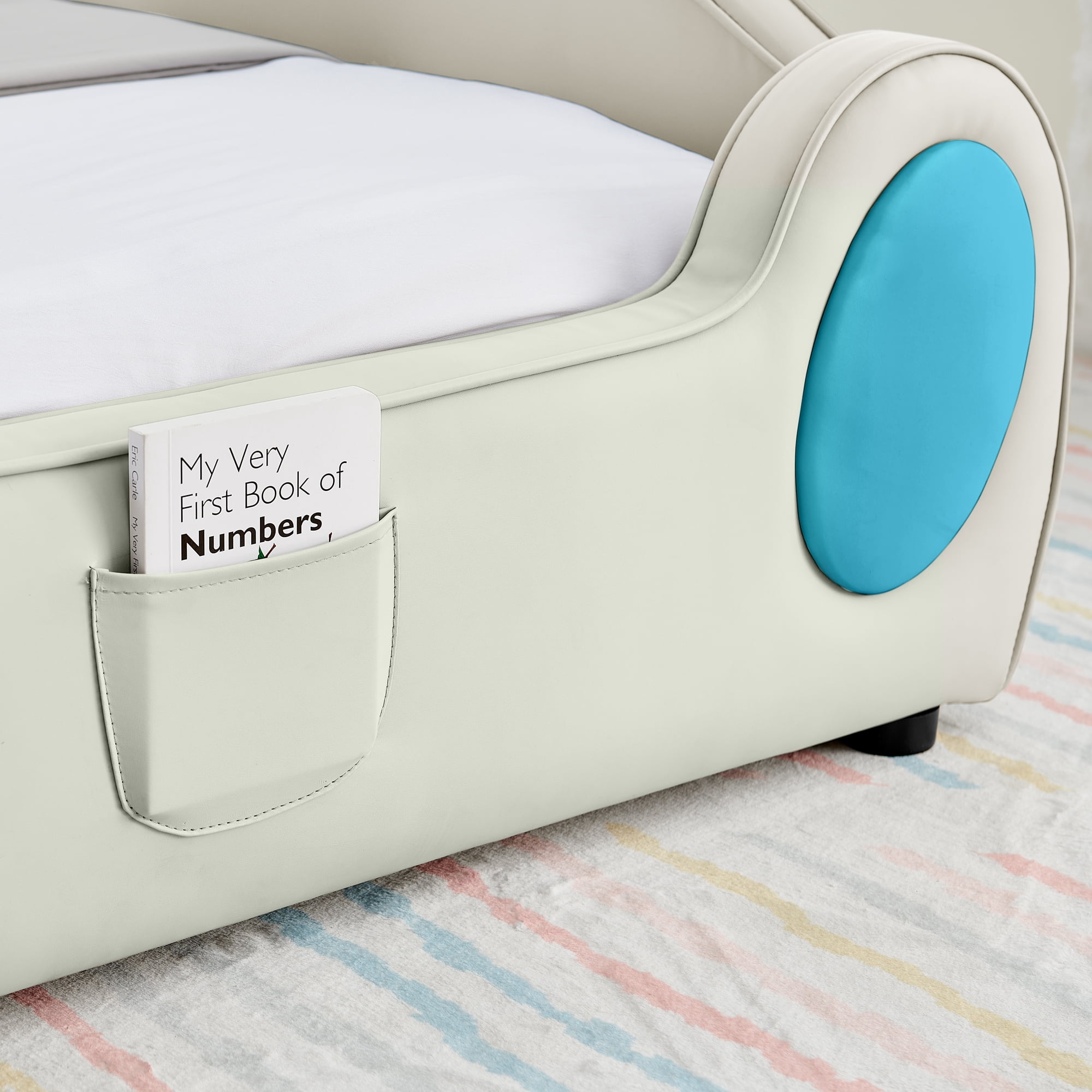 avobird Twin-Size PU Leather Children's Bed with Cute Cloud Design (with Guardrails), Safe & Cartoon Themed Kids Bed in Beige & Blue, Includes Storage Pocket