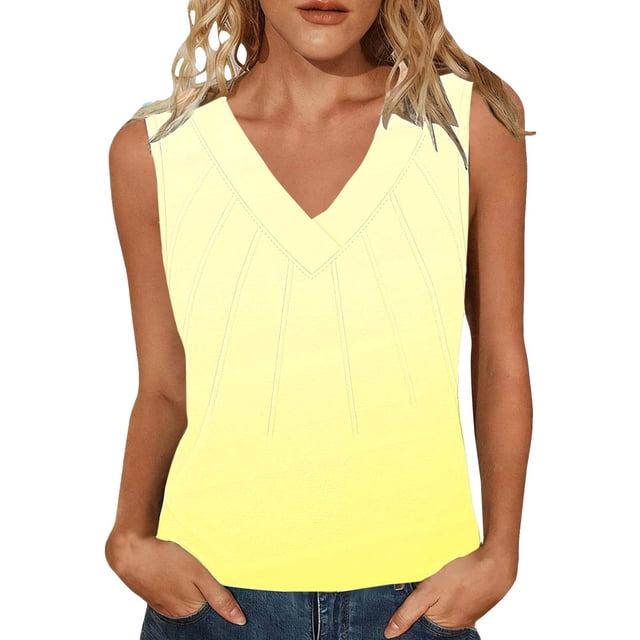 Mujeres sin mangas Tops de verano gradiente color fuera de posición impresión V-cuello blusa casual Mujeres V-cuello de verano Tops