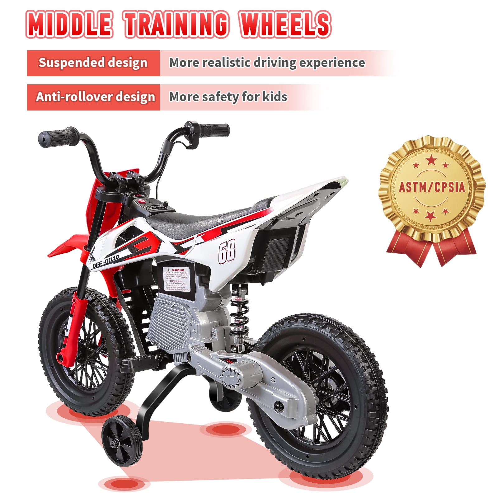 Farmdex 12V Ride on Motorcycle for Kids, Electric Dirt Bike with 2 Training Wheels, Electric Motorcycle with Twist Grip Throttle, Built-in Music, 30W*2 Motors, Red