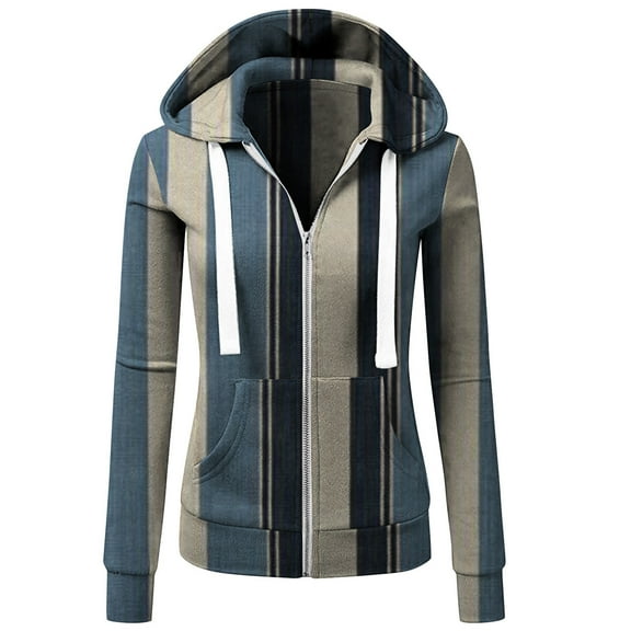 Abcnature Women Casual Hooded Pockets Stripe Zipper Long Sleeve Tops Sweatshirt Coat Plus Size Tops for Ladies Autumn Winter Casual Loose Tunic Blouse Black S