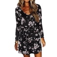 thumbnail image 1 of Vestido de manga larga con cuello redondo Mangas largas Vestido corto con cinturón y estampado de moda suelto con 2 bolsillos para vacaciones Negro M, 1 of 6