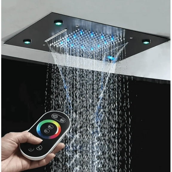 Luxury Black Thermostatic LED Shower Set with Rainfall & Waterfall Ceiling Mount