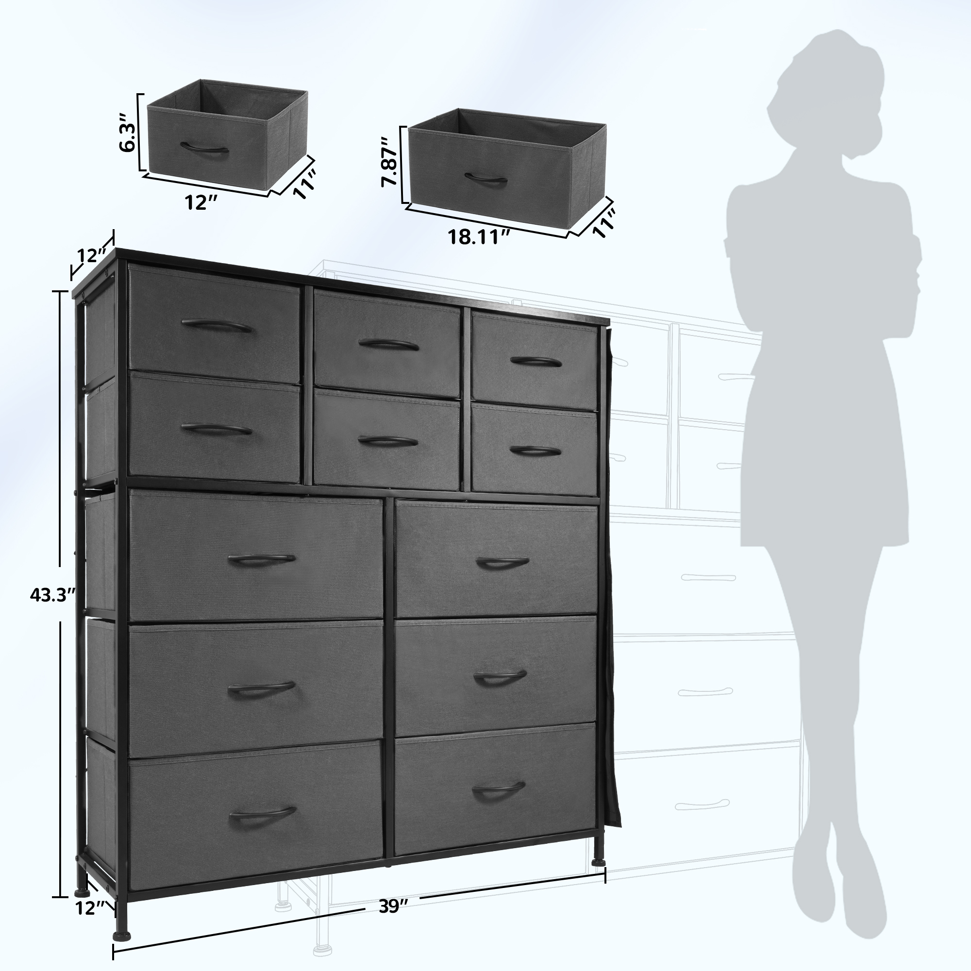 Elevon 12‑Drawer Storage Cabinet, Fabric Dresser with Steel Frame and Wooden Top, Wood Grain Finish, Gray