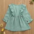 thumbnail image 5 of Canrulo Toddler Kids Baby Girls Solid Clothes Long Sleeve Dress Cotton Linen Dresses Green 1-2 Years, 5 of 8