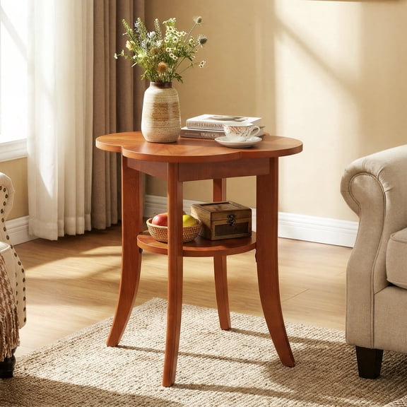 Finmind Solid Wood End Table, 2-Tier Sofa Side Table with Storage Shelf, Modern Wooden Bedside Nightstand for Living Room, Walnut