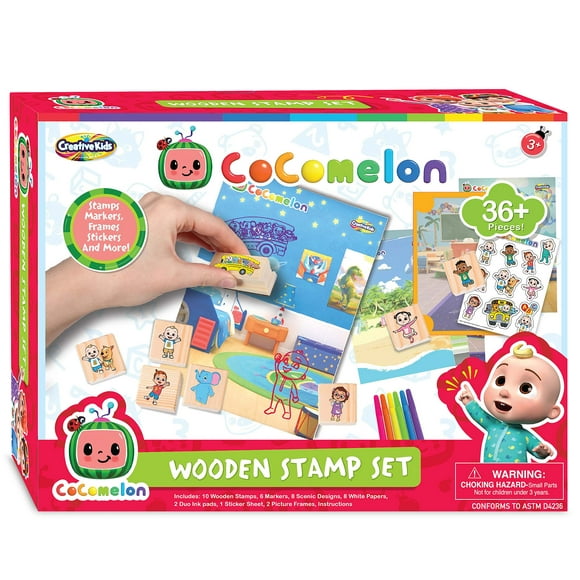 Creative Kids Cocomelon Stamp Set 36+ Piece Wooden Stamps Set Includes Ink Pads, Stickers, Markers, Picture Frames - Montessori Wood Stamp Birthday Gift Set for Girls Boys Toddlers Ages 3+