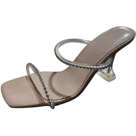 

Women s Clear High Heels Mules Heeled Sandals Fashion Rhinestone Two Strap Stiletto Slides Sexy Casual Open Square Toe Dress Slippers