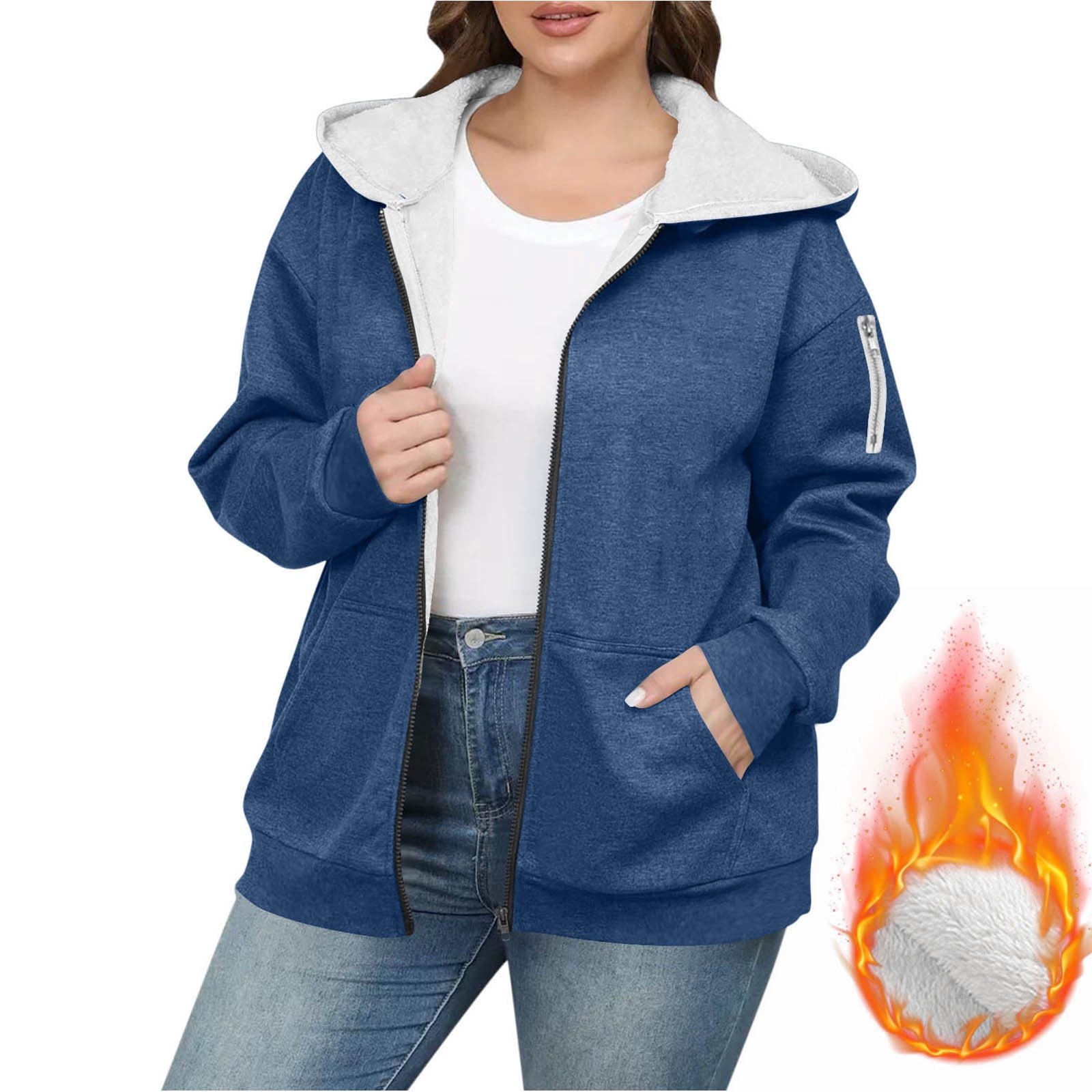 Aboser Womens Winter Fleece Lined Hoodies Plus Size Zip Up Hooded Jacket Warm Long Sleeve Sweatshirt Coat Thicken Sherpa Hoodie Jackets with Pockets Navy XXL