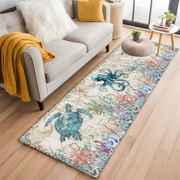 Vintage Coastal 2'x6' Runner Rugs for Hallway Kitchen Bedside Non Slip Washable, Sea Turtle Octopus Coral Beach Nautical Entryway Rug Runners with Rubber Backing, Long Carpet Runner for Laundry Room