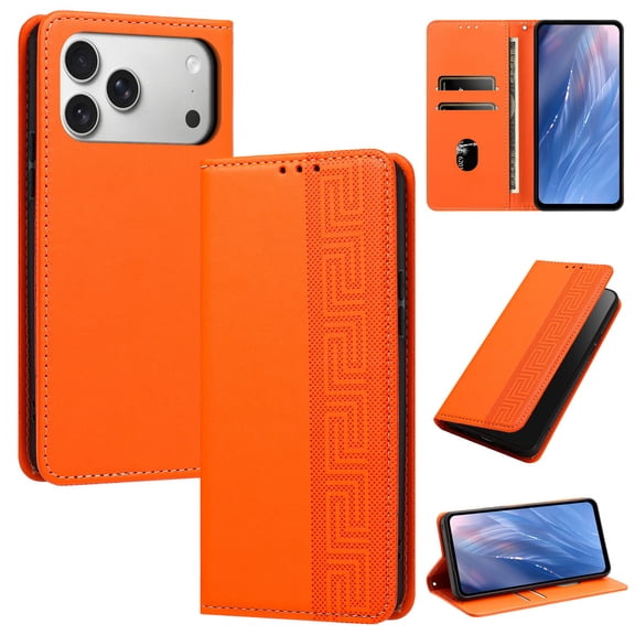 Feishell Wallet Case For iPhone 17 Pro Max, Premium PU Leather Flip Folio Cover with RFID Blocking Card Slots Cash Pocket Kickstand Wrist Strap Embossed Pattern Shockproof Phone Case,Orange