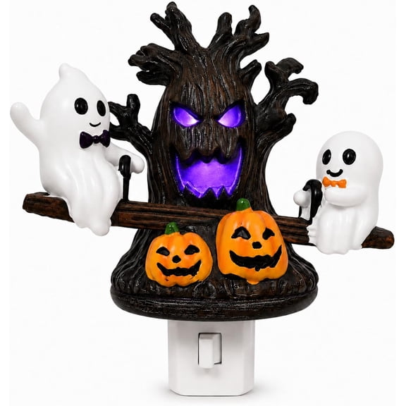 Halloween Spooky Tree Plug-in Night Light, Ghost& Pumpkin LED Purple Glow Nightlight Season Home Decor for Bedroom, Hallway, Party, Haunted House