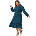 thumbnail image 3 of DARING DIVA Plus Size Ruffle V Neck Long Sleeve Midi Casual Dress 1X Peacock Blue, 3 of 6