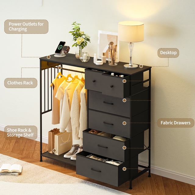 EDTara Grande Tour de Rangement pour Chambre, Commode de 49,2 Pouces avec Tringle, Lumières DEL, Station de Recharge et 6 Tiroirs
