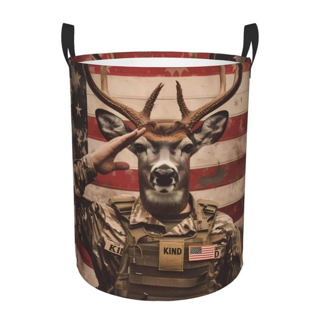 Balery Patriotic Deer Soldier Salute Cesta de ropa redonda con asas, impermeable, independiente, para ropa, juguetes, dormitorio y familia-Small