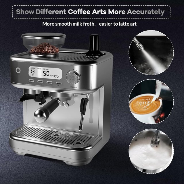 GloryStar Espresso Machine with Grinder - Professional Cappuccino and Latte Maker with Powerful Milk Frother for Home Barista, LCD Display, Single & Double Cup Stainless Steel Coffee Maker