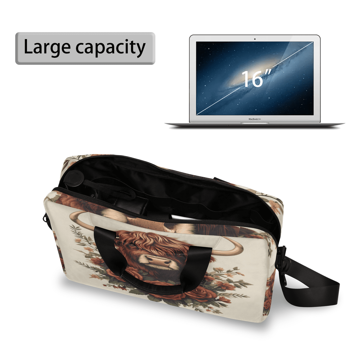 Herdesigns Cow Laptop Bag for Women Men, Computer Case Briefcase Messenger Bags, 15-15.6 inch Laptop Sleeve Shoulder Bag